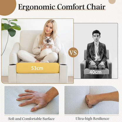 YODOLLA Fabric Accent Armchair with Cup Holders Upholstered Comfy Chair, Beige