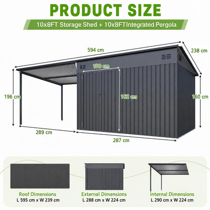 YODOLLA 20x8FT 2-in-1 Metal Lean-to Shed With Pergola Combo
