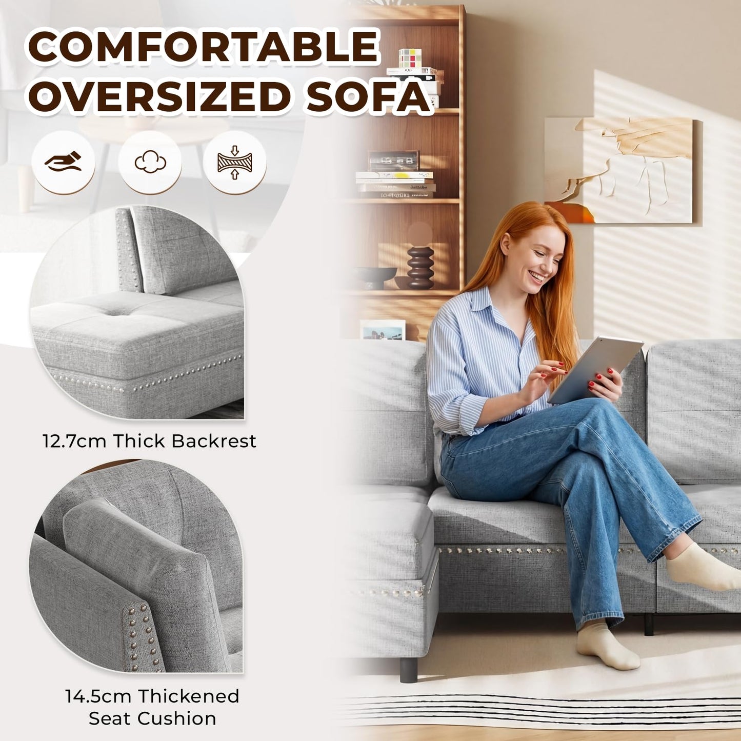 YODOLLA 225cm L-Shaped Corner Sofa, 3-4 Seater Modern Sofa Couch with Footstool