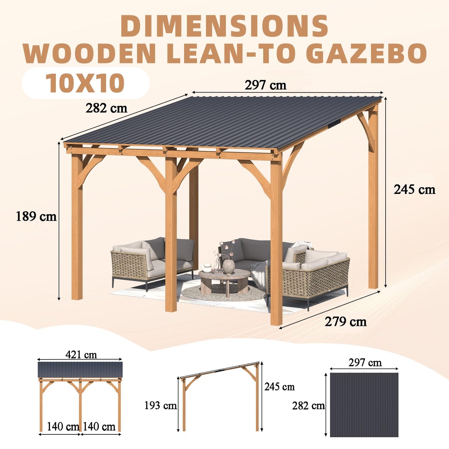 YODOLLA 3x3m Lean-to Hardtop Gazebo Outdoor Wood Cedar Wall Mounted Pergola