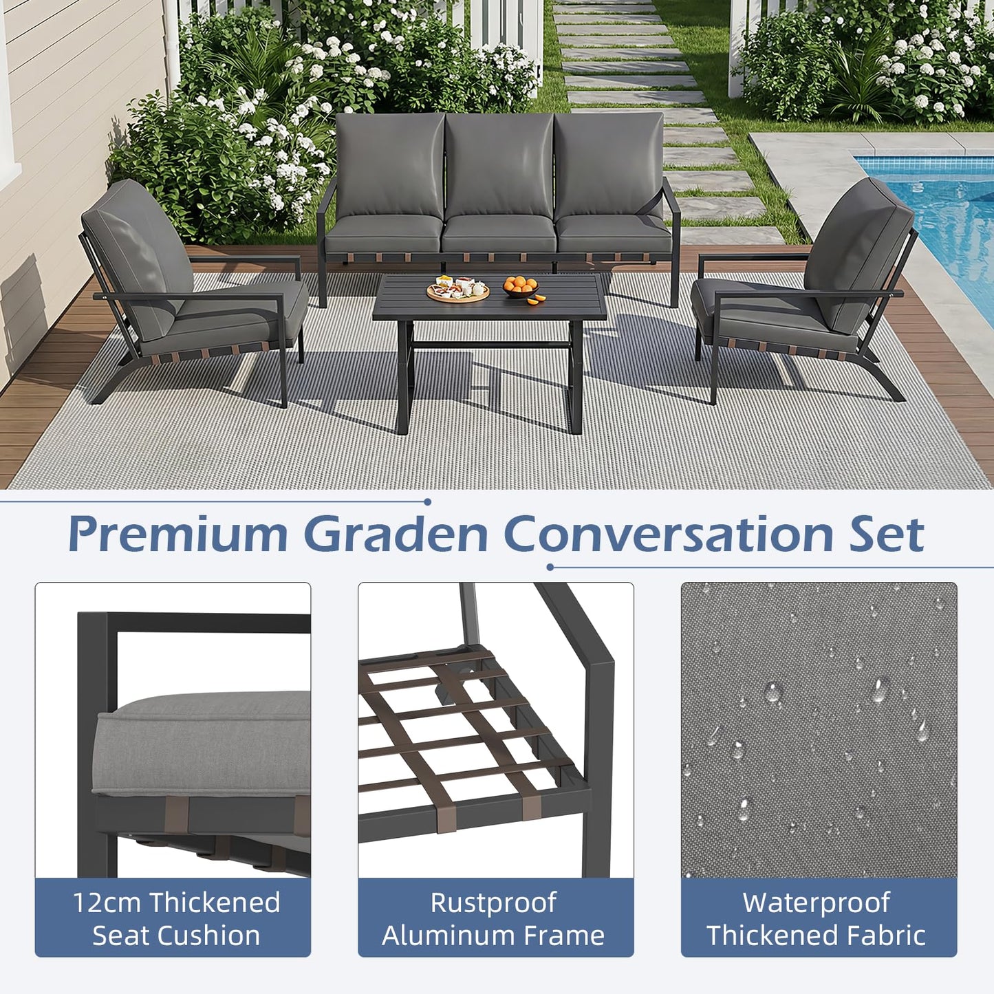 YODOLLA 5 Seater Outdoor Garden Furniture Set, 3-Seater Sofa & 2 Armchairs with Coffee Table