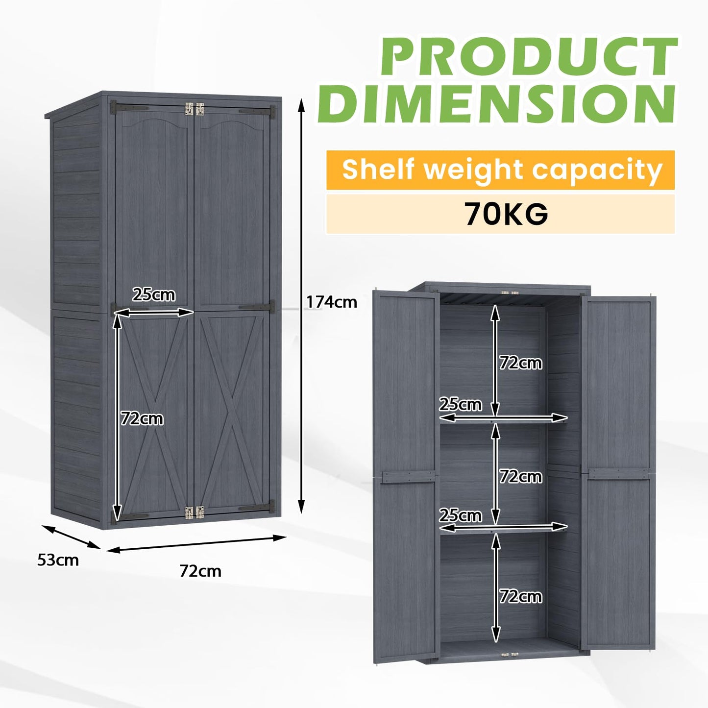 YODOLLA Outdoor Tall Garden Storage Box, Wooden Garden Storage Tool Cabinet Shed with 3 Adjustable Shelves