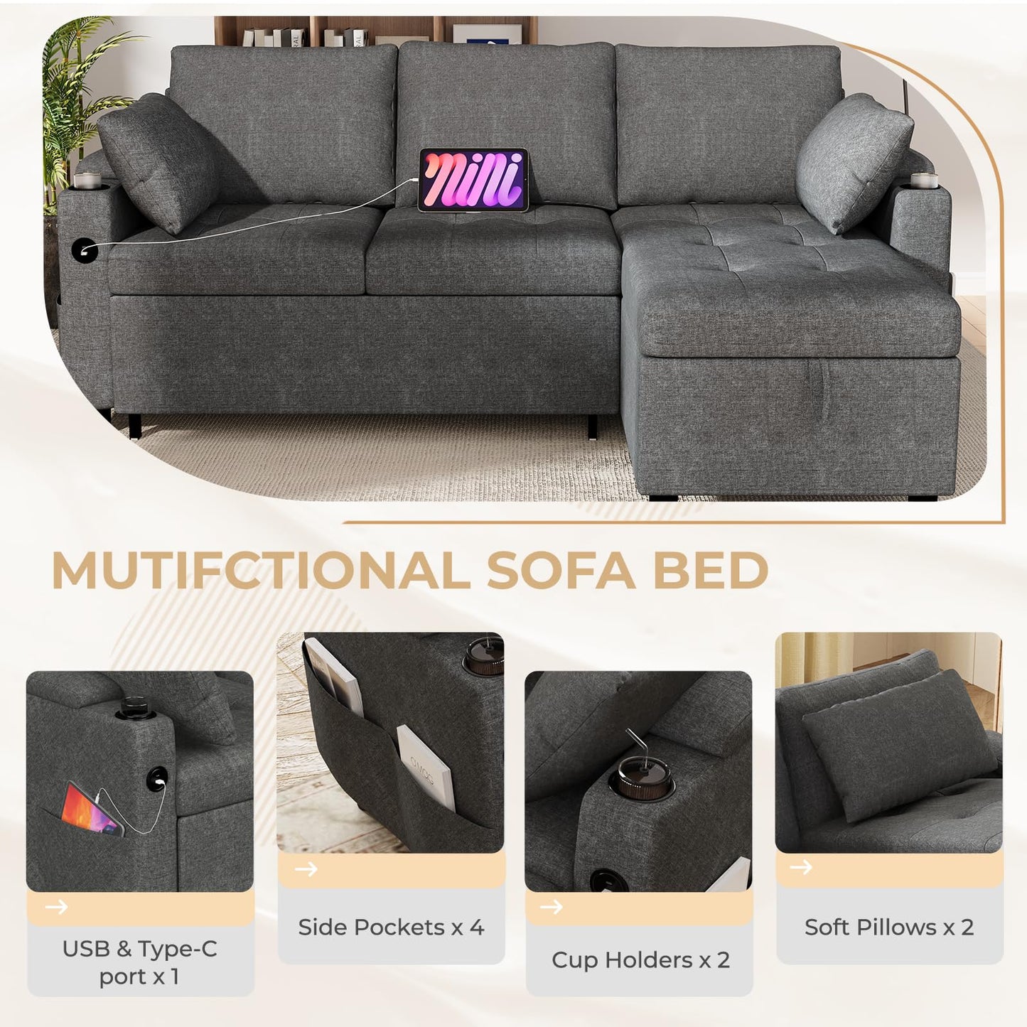 YODOLLA L-Shaped Corner Sofa Bed 3-in-1 Pull Out Sleeper Sofa, Dark Grey