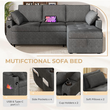 YODOLLA L-Shaped Corner Sofa Bed 3-in-1 Pull Out Sleeper Sofa, Dark Grey