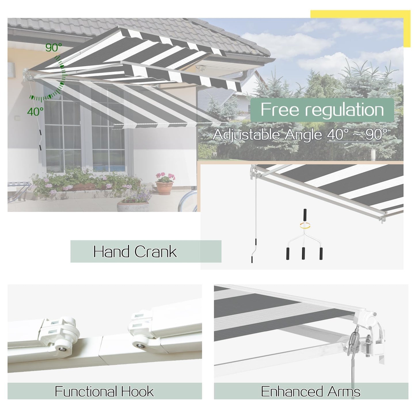 YODOLLA 2.5x2m Retractable Patio Awning Manual Crank Sun Shade Canopy