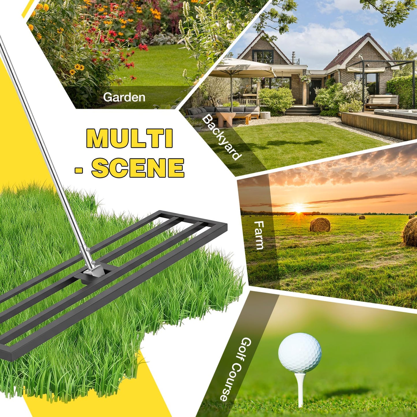 YODOLLA Lawn Leveling Rake 195 x 102×25cm Stainless Steel Lawn Leveller, Black