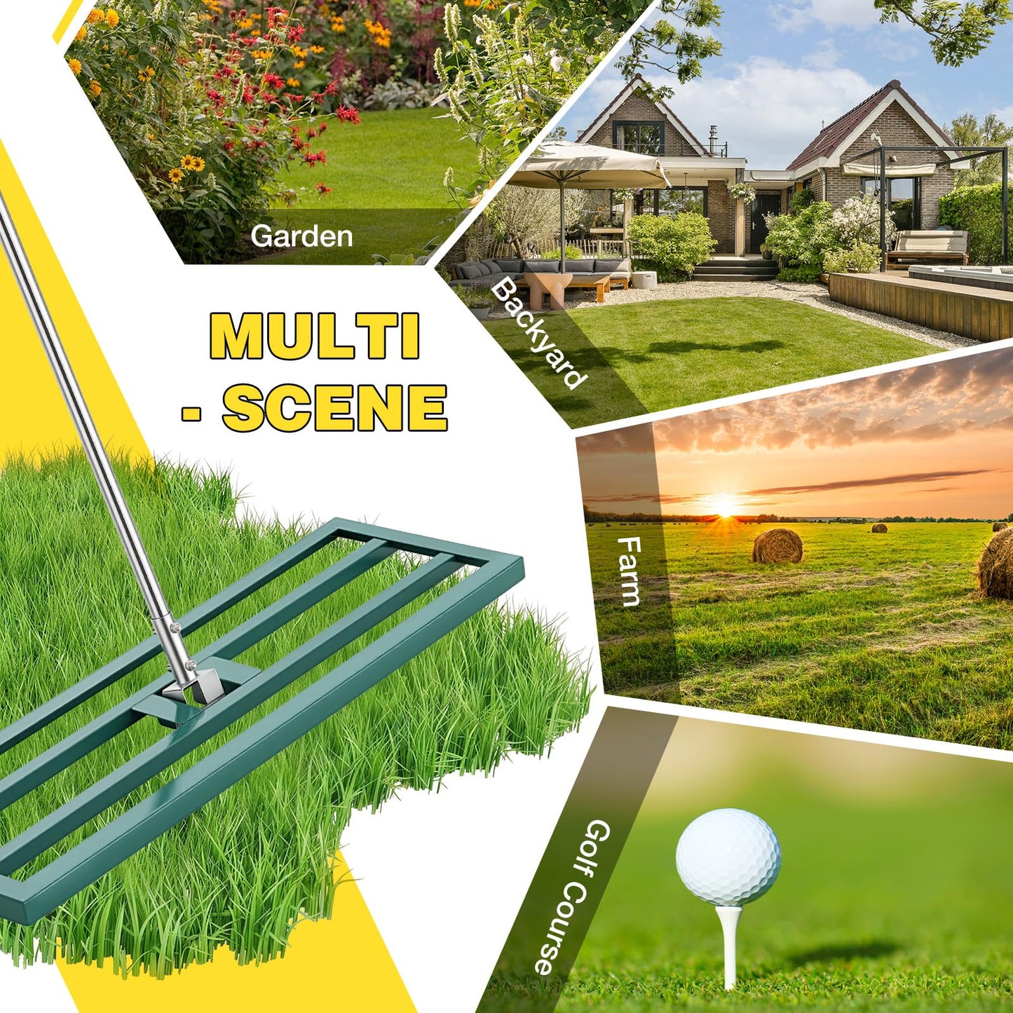 YODOLLA Lawn Leveling Rake 195 x 75×25cm Stainless Steel Lawn Leveller, Green