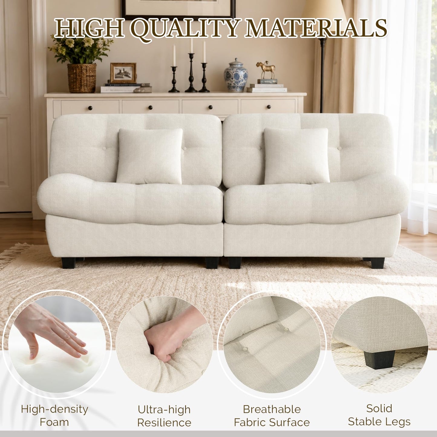 YODOLLA Armless 3-4 Seater Sofa 190cm, Thick Cushion Sofa