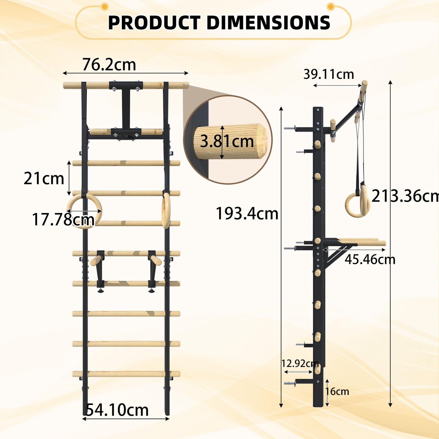 YODOLLA Wall Mounted Swedish Ladder with Pull Up Bar & Gym Rings