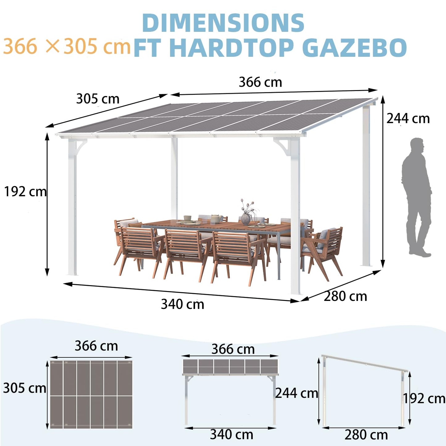 YODOLLA 3x3.65m Aluminium Lean-to Gazebo, Wall-Mounted Hardtop Roof Pergola, White