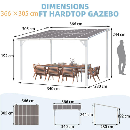 YODOLLA 3x3.65m Aluminium Lean-to Gazebo, Wall-Mounted Hardtop Roof Pergola, White
