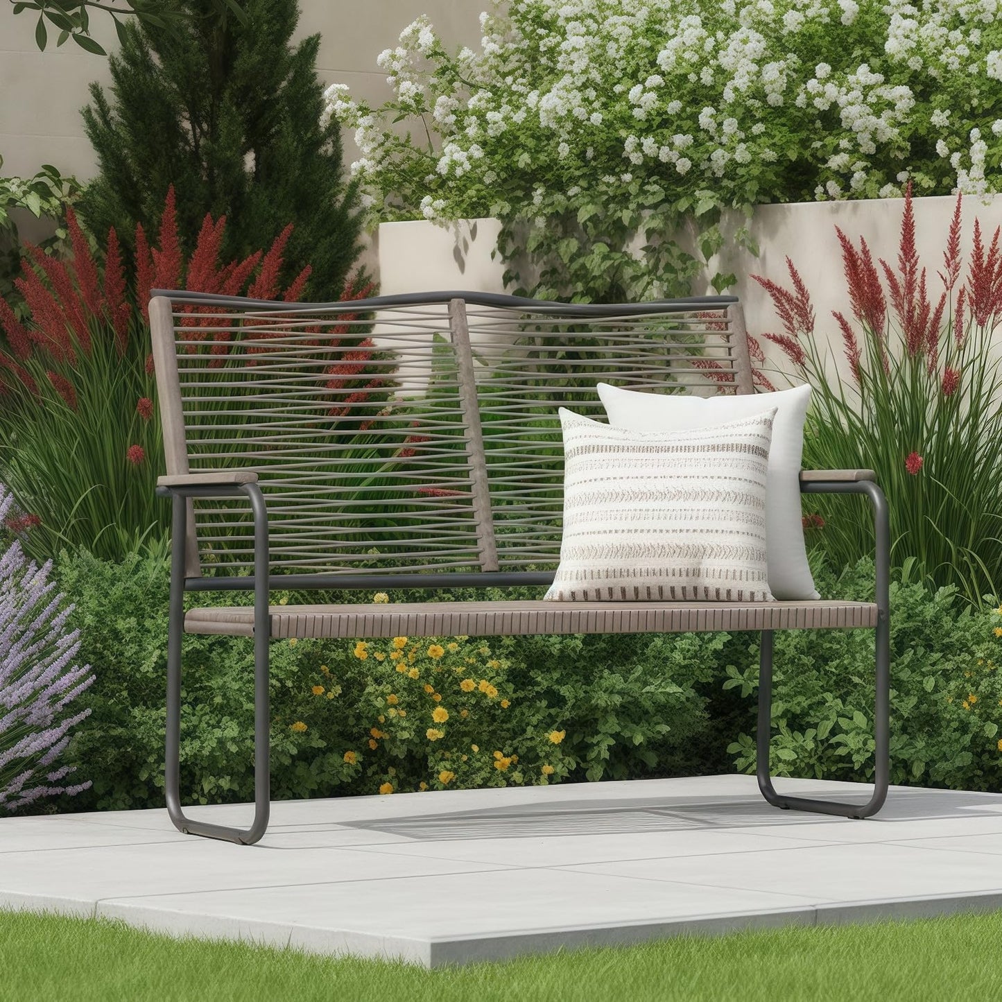YODOLLA 2-Seater Rope Garden Bench Loveseat, All-Weather Woven Rope Patio Sofa