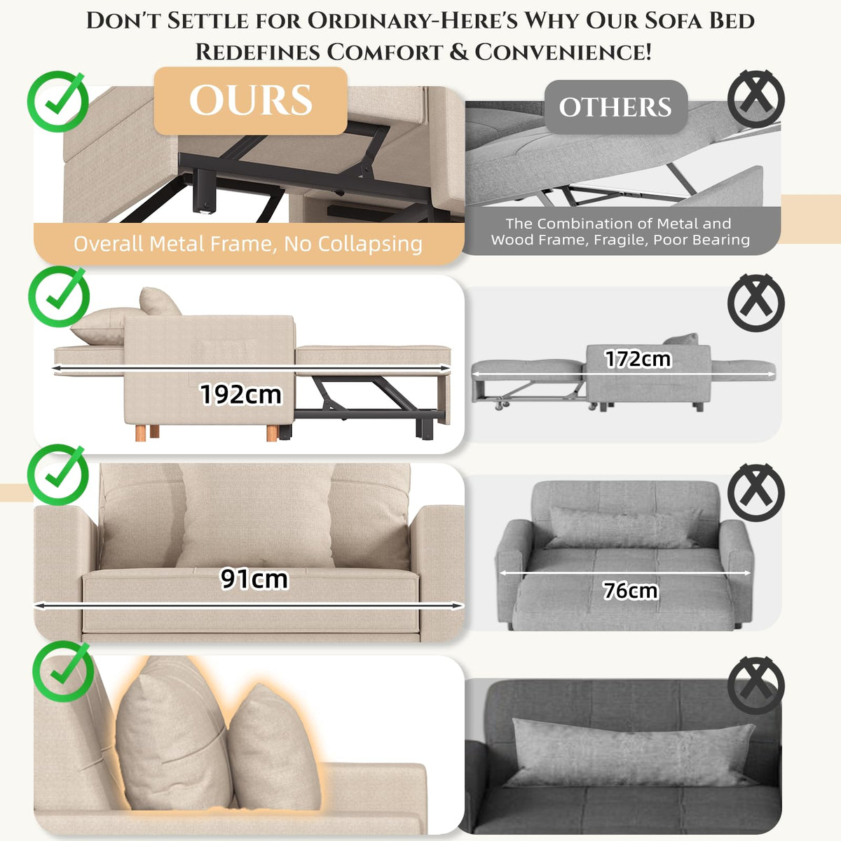 YODOLLA 3-in-1 Sleeper Sofa Bed, 192cm Convertible Single Sofa, Adjustable Armchair