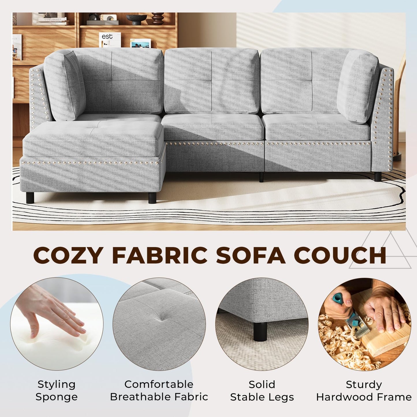 YODOLLA 225cm L-Shaped Corner Sofa, 3-4 Seater Modern Sofa Couch with Footstool