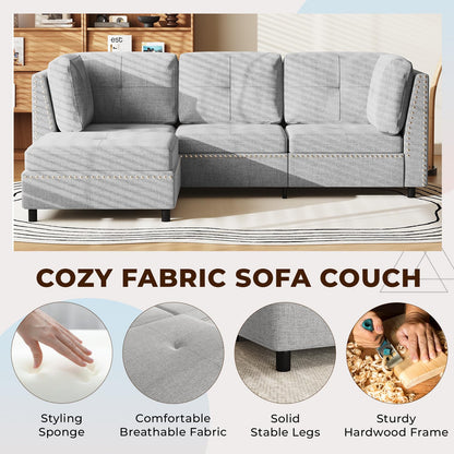 YODOLLA 225cm L-Shaped Corner Sofa, 3-4 Seater Modern Sofa Couch with Footstool