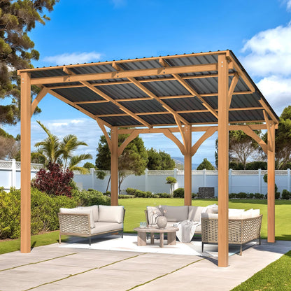 YODOLLA 3x3m Lean-to Hardtop Gazebo Outdoor Wood Cedar Wall Mounted Pergola