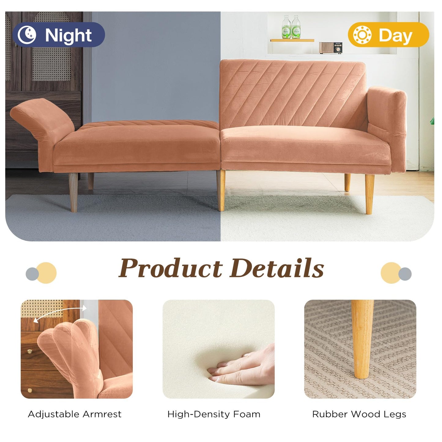 YODOLLA 2-3 SeaterSofa Bed Convertible Futon Sofa Beds, Pink