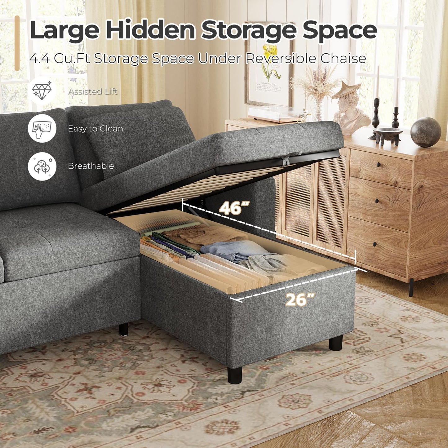 YODOLLA L-Shaped Corner Sofa Bed 3-in-1 Pull Out Sleeper Sofa, Dark Grey