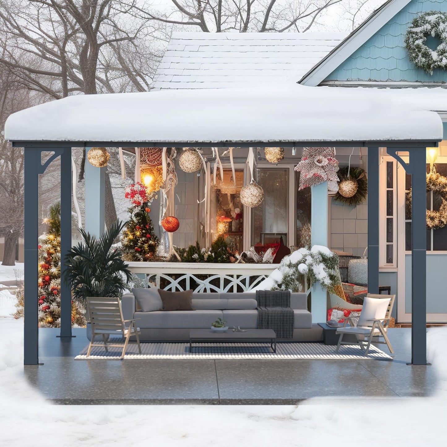 YODOLLA 2.4x3.65m Aluminium Lean-to Gazebo, Wall-Mounted Hardtop Roof Pergola