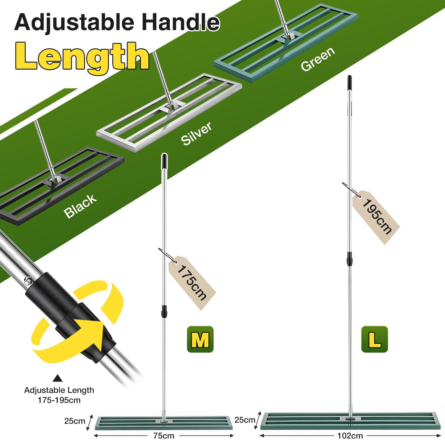 YODOLLA Lawn Leveling Rake 195 x 102×25cm Stainless Steel Lawn Leveller, Green
