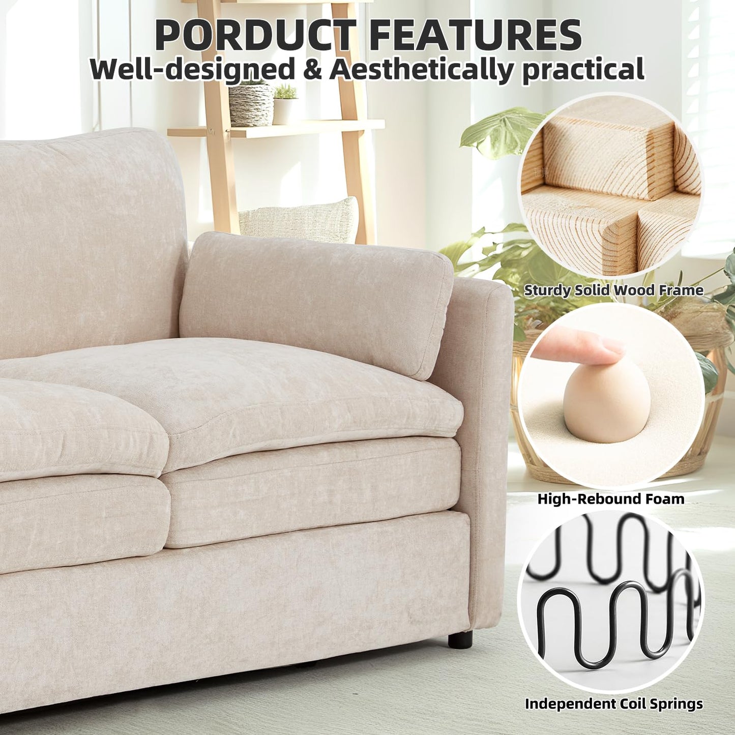 YODOLLA 3 Seater Sofas 226cm Settee Sofa couches with Double Thick Seat Cushion