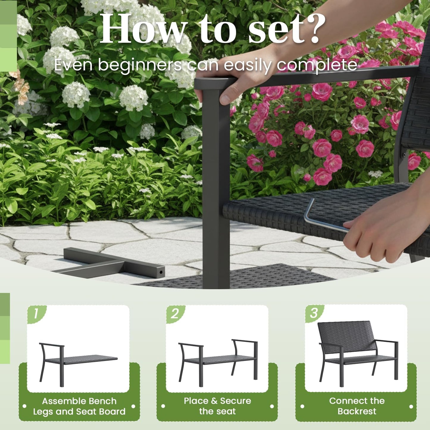 YODOLLA Outdoor PE Rattan Wicker Loveseat, 2-Seater Garden Bench with Sturdy Metal Frame