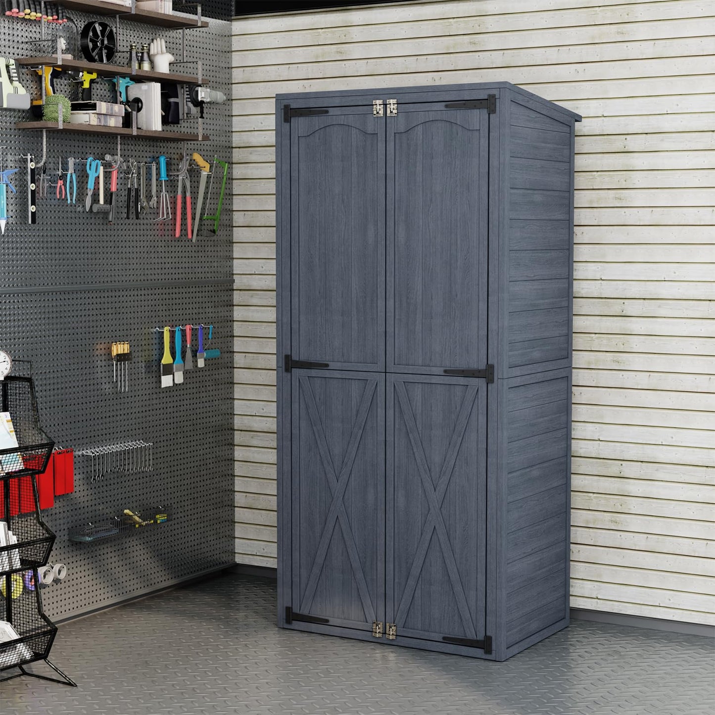YODOLLA Outdoor Tall Garden Storage Box, Wooden Garden Storage Tool Cabinet Shed with 3 Adjustable Shelves