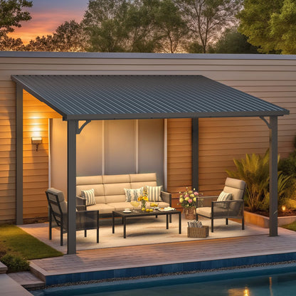 YODOLLA 3x3.65m Aluminium Lean-to Gazebo Wall-Mounted Iron Hardtop Roof Pergola