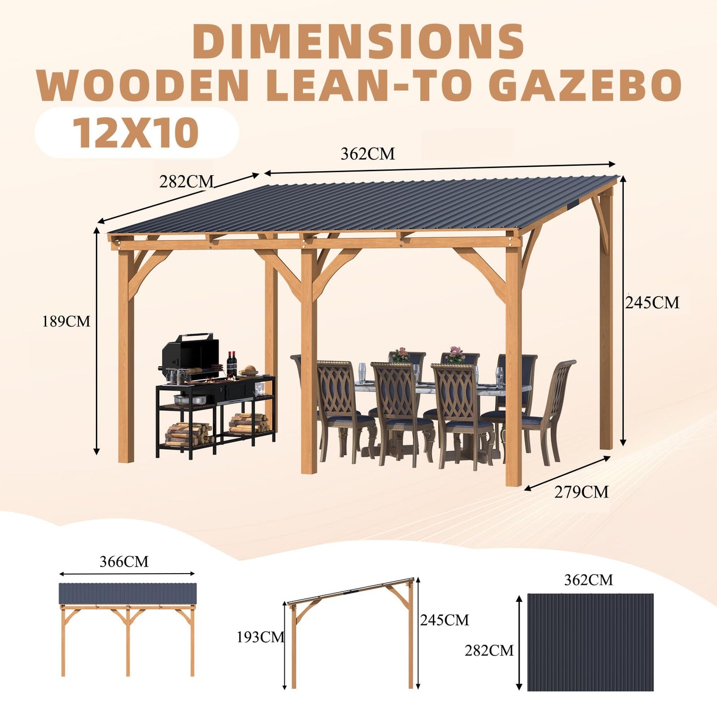 YODOLLA 3x3.65m Lean-to Hardtop Gazebo Outdoor Wood Cedar Wall Mounted Pergola