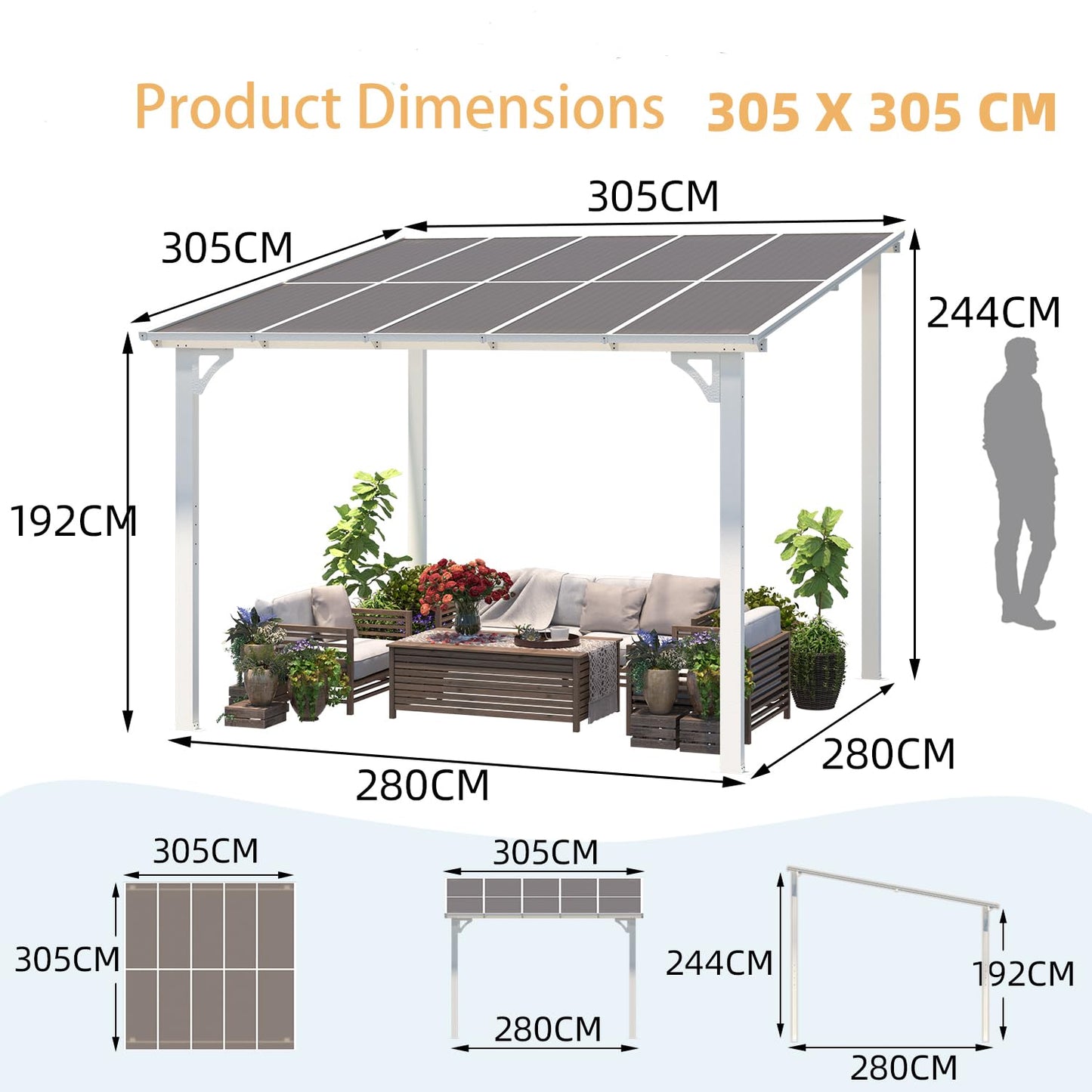 YODOLLA 3x3m Aluminium Lean-to Gazebo, Wall-Mounted Hardtop Roof Pergola, White