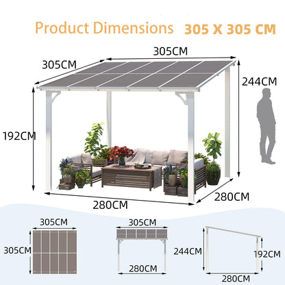 YODOLLA 3x3m Aluminium Lean-to Gazebo, Wall-Mounted Hardtop Roof Pergola, White