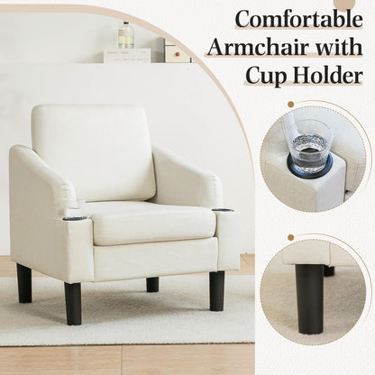 YODOLLA Fabric Accent Armchair with Cup Holders Upholstered Comfy Chair, Beige