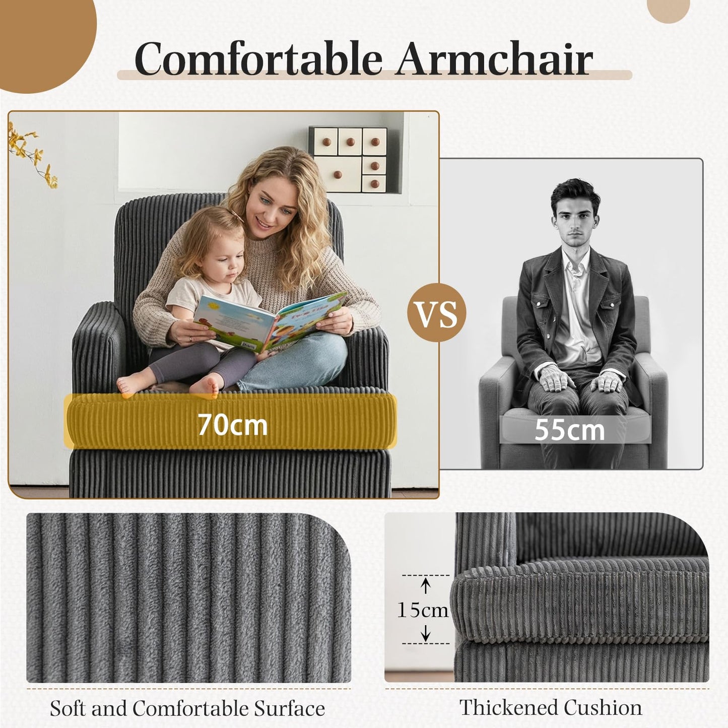 YODOLLA Armchair Grey Corduroy - Cosy Tub Accent Cuddle Chair