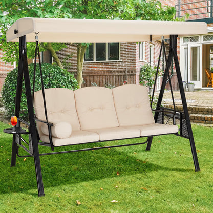 YODOLLA 3 Seater Garden Swing Chair with Adjustable Canopy & Cushions-Beige