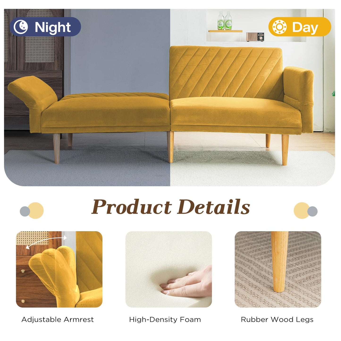 YODOLLA 2-3 SeaterSofa Bed Convertible Futon Sofa Beds, Yellow