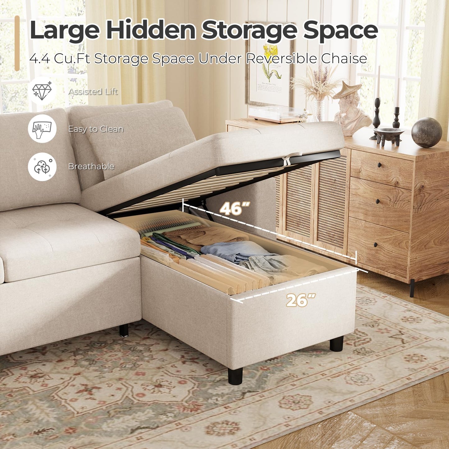 YODOLLA L-Shaped Corner Sofa Bed 3-in-1 Pull Out Sleeper Sofa, Beige