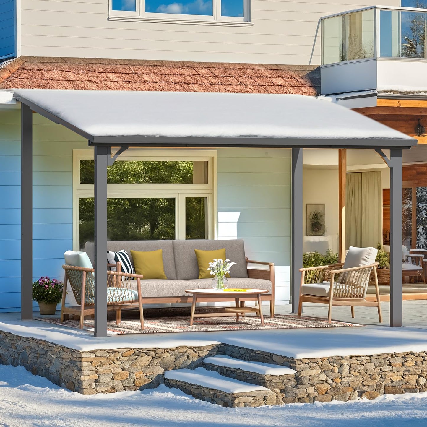 YODOLLA 2.4x3.6m Aluminium Lean-to Gazebo Wall-Mounted Iron Hardtop Roof Pergola