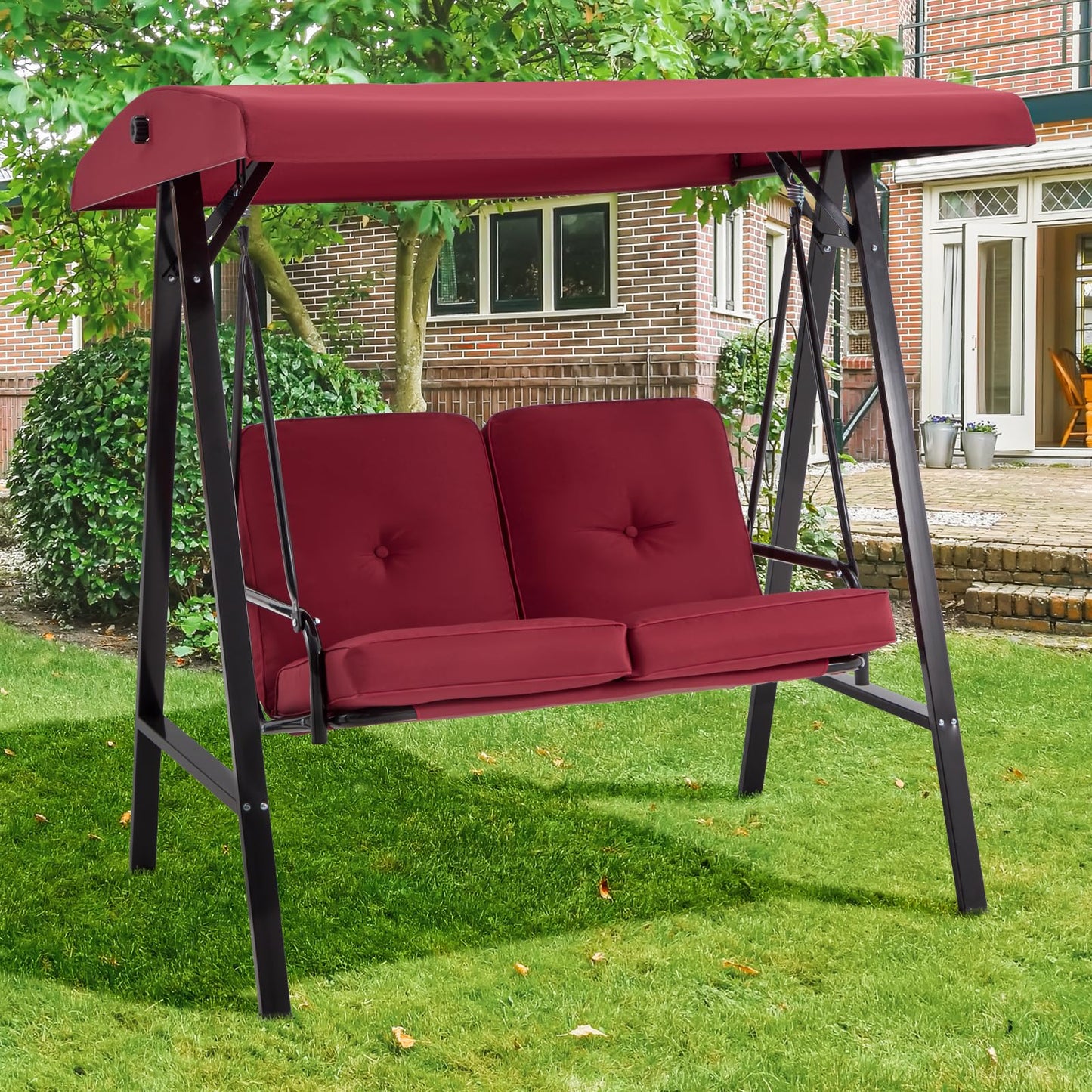 YODOLLA 2 Seater Garden Swing Chair with Adjustable Canopy & Cushions-Red