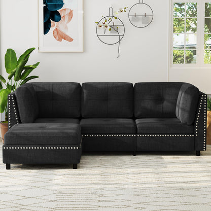 YODOLLA 225cm L-Shaped Corner Sofa, 3-4 Seater Modern Sofa Couch with Footstool