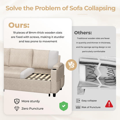 YODOLLA L-Shaped Corner Sofa Bed 3-in-1 Pull Out Sleeper Sofa, Beige