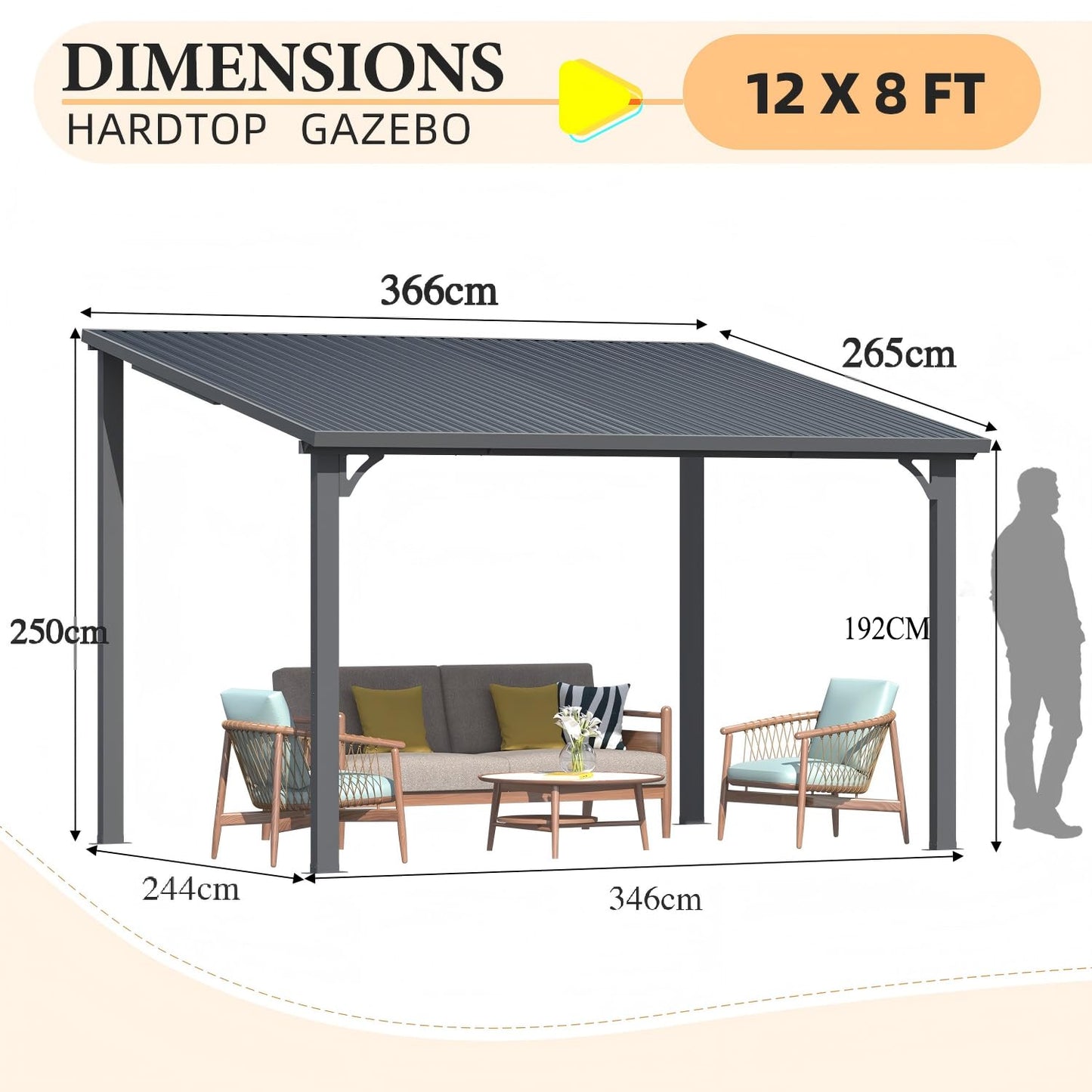 YODOLLA 2.4x3.6m Aluminium Lean-to Gazebo Wall-Mounted Iron Hardtop Roof Pergola