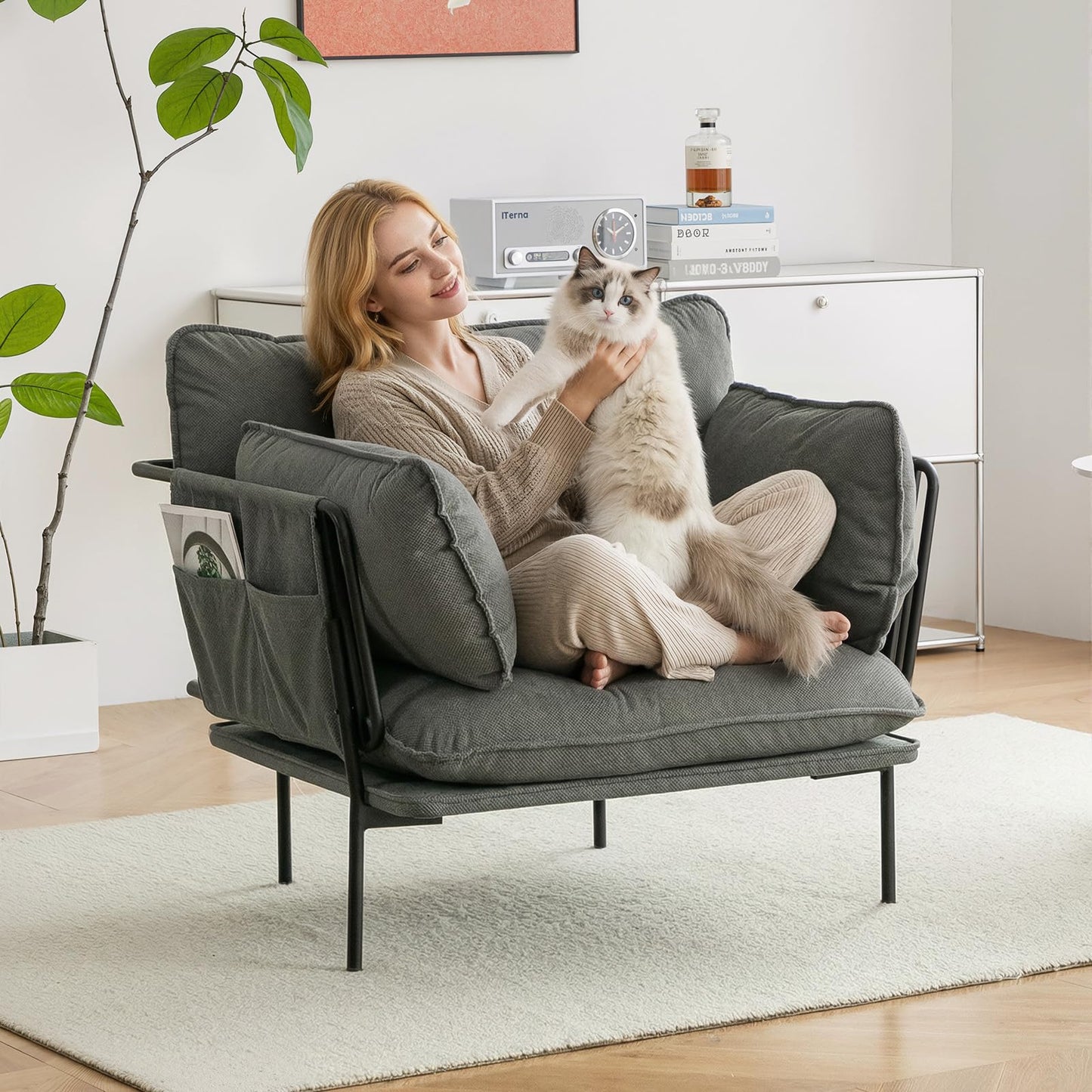 YODOLLA Modern Accent Armchair with Metal Frame, Grey