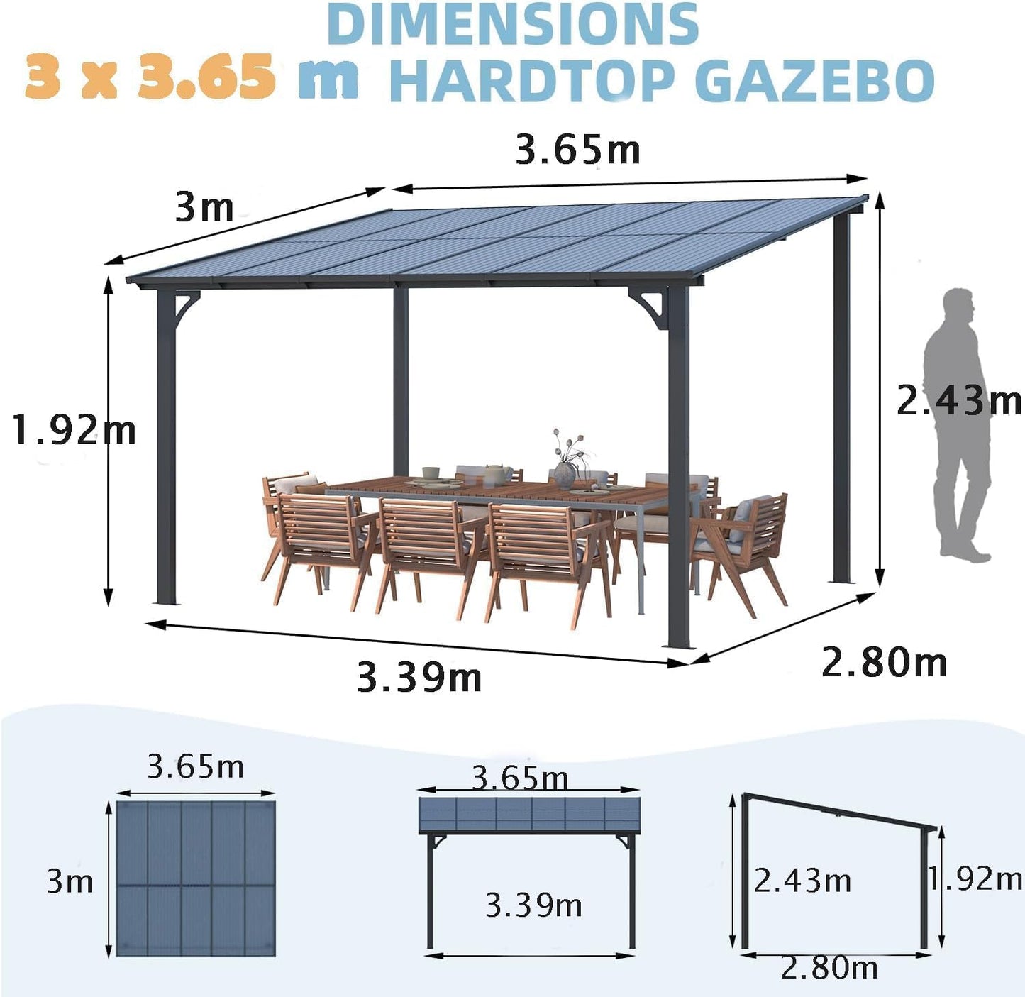 YODOLLA 3x3.65m Aluminium Lean-to Gazebo Wall-Mounted Hardtop Roof Pergola