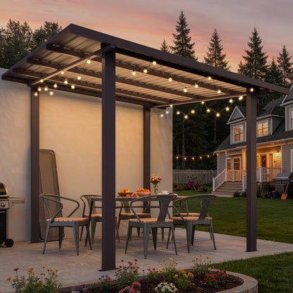 YODOLLA 2.4 x 3m Metal Lean-to Gazebo Wall-Mounted Iron Hardtop Roof Pergola