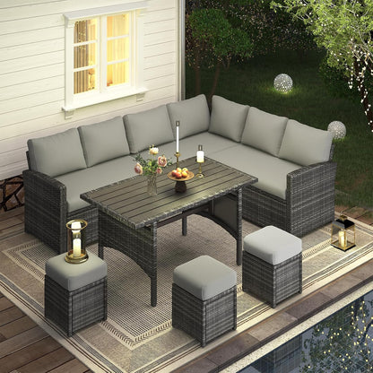 YODOLLA 7-Piece Outdoor Patio Furniture Set, Grey Rattan & Grey Cushion