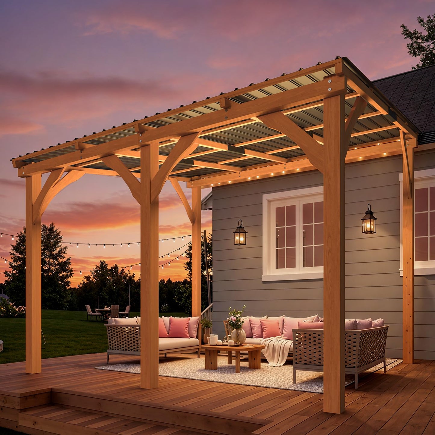 YODOLLA 3x3m Lean-to Hardtop Gazebo Outdoor Wood Cedar Wall Mounted Pergola