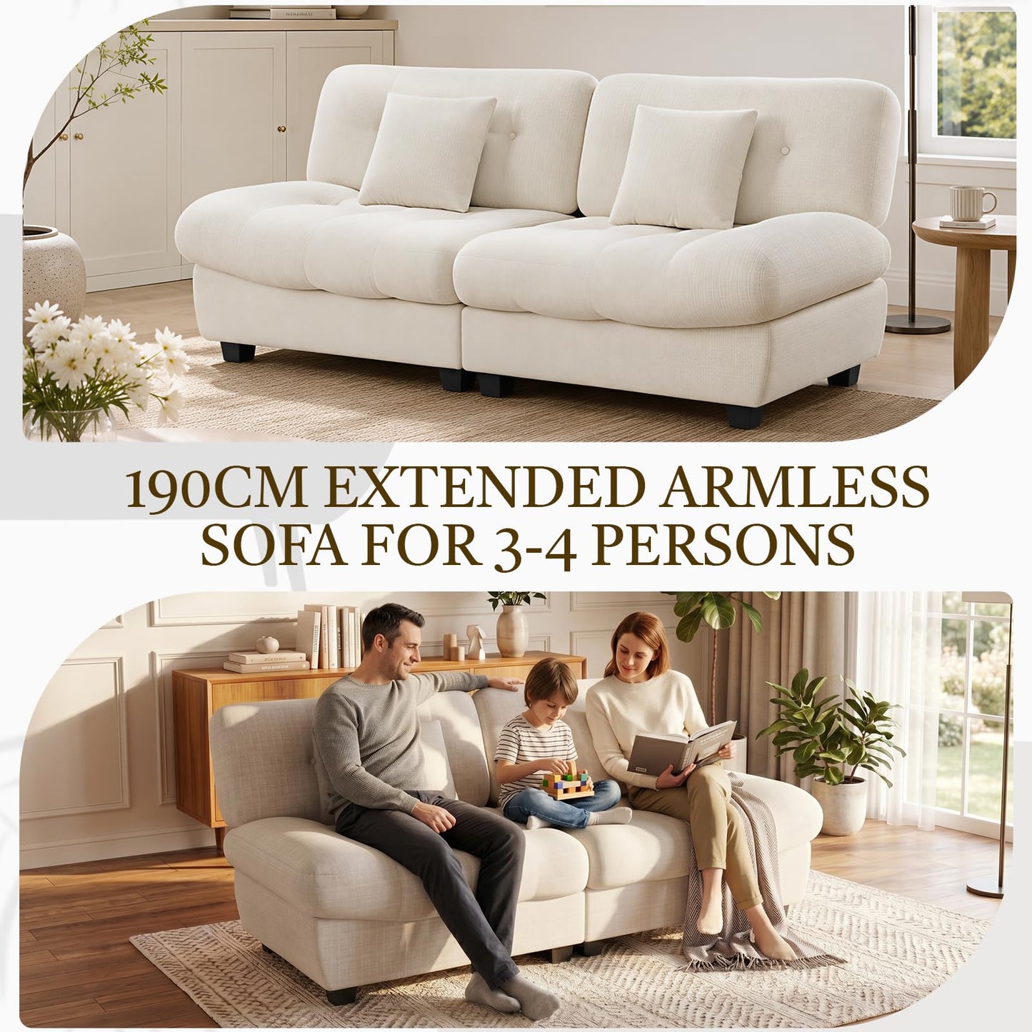 YODOLLA Armless 3-4 Seater Sofa 190cm, Thick Cushion Sofa