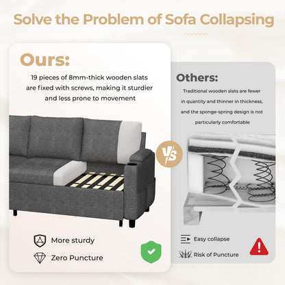 YODOLLA L-Shaped Corner Sofa Bed 3-in-1 Pull Out Sleeper Sofa, Dark Grey