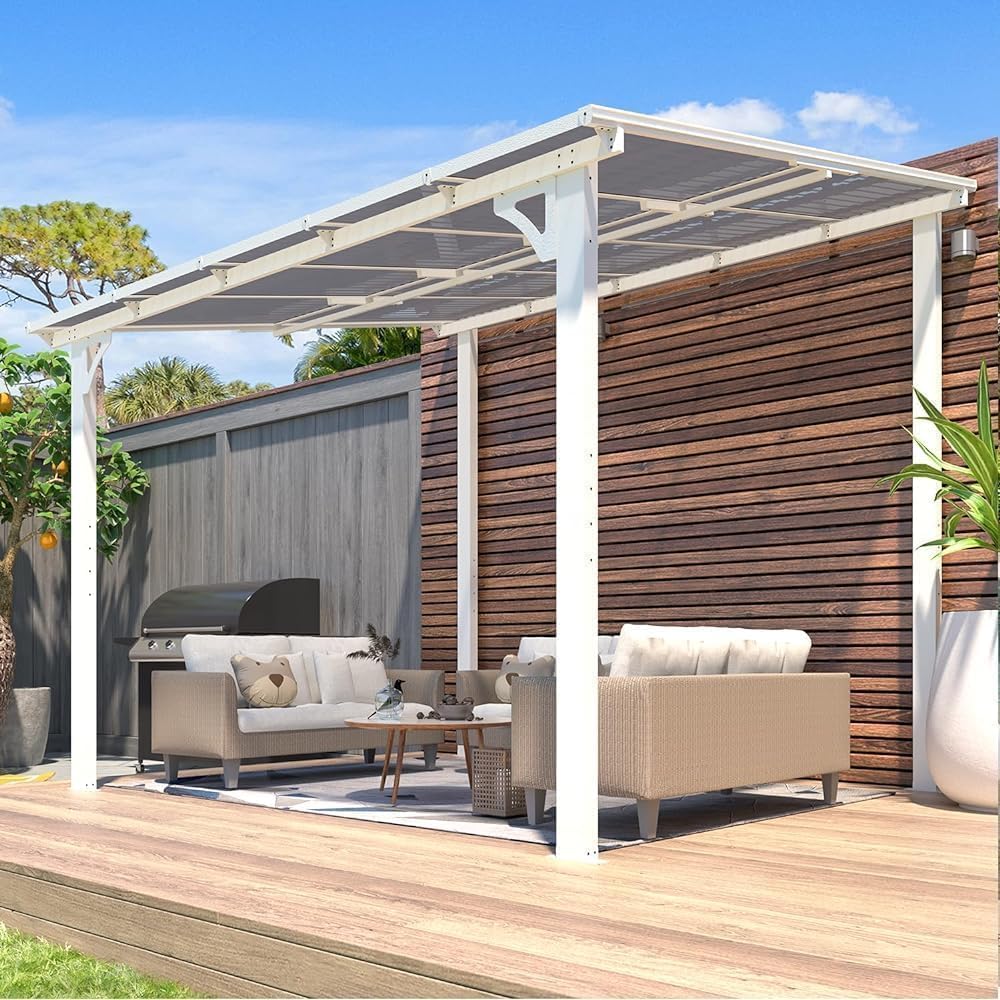 YODOLLA 2.4 x 3m Aluminium Lean-to Gazebo, Wall-Mounted Hardtop Pergola, White