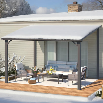 YODOLLA 3x3.65m Aluminium Lean-to Gazebo Wall-Mounted Iron Hardtop Roof Pergola